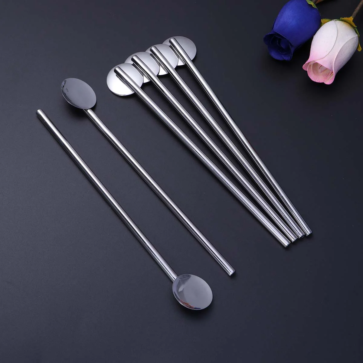 

6 Pcs/Pack Stainless Steel Round Shape Metal Drinking Spoon Straw Reusable Straws Cocktail Spoons Set