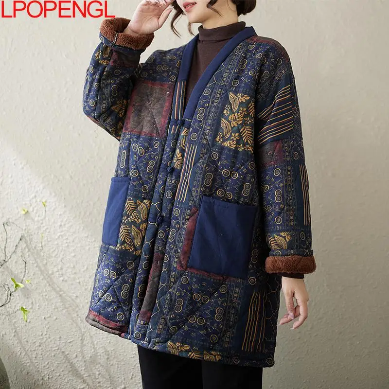 Retro Mid-length Ethnic Style Disc Buckle Floral Cotton Jacket Women\'s Winter Velvet Thickened Long-sleeved Wide-waisted Coat