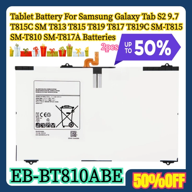 

2PCS Tablet Battery For Samsung Galaxy Tab S2 9.7 T815C SM T813 T815 T819 T819C SM-T815 SM-T810 SM-T817A EB-BT810ABE Battery