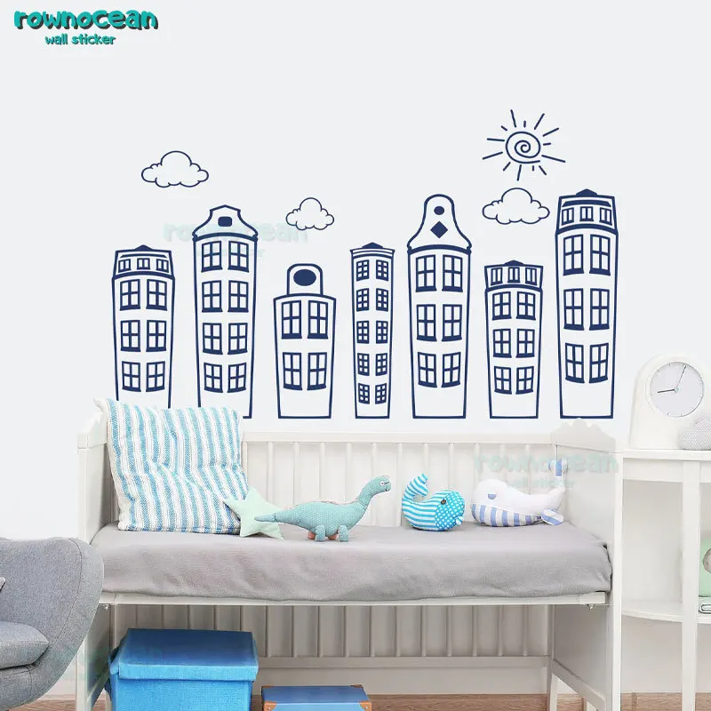 Doodled City Wall Decals Vinyl Home Decor for Kids Nursery Room Buildings City Skyline Sticker School Play Room Libraries 3E01