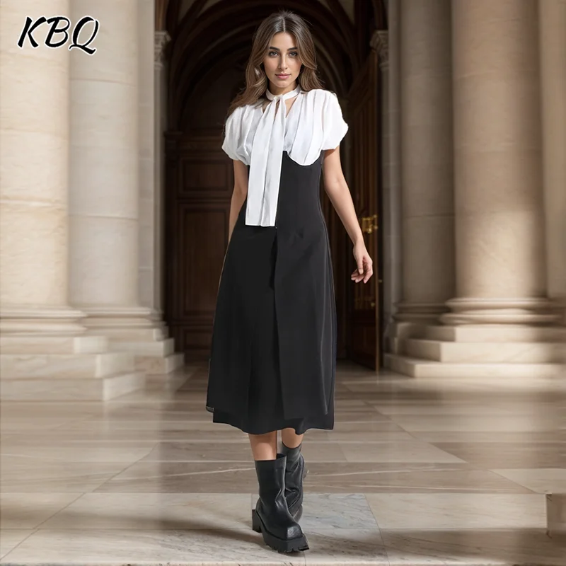 

KBQ Elegant Two Piece Stes For Women V Neck Short Sleeve Spliced Lace Up Shirts High Waist A Line Skirt Slimming Set Female New