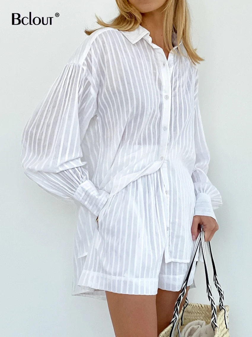 Bclout Summer White Stripe Shorts Sets Women 2 Pieces Outfits Fashion Lantern Sleeve Shirts Elegant Cotton Wide Leg Shorts Suits