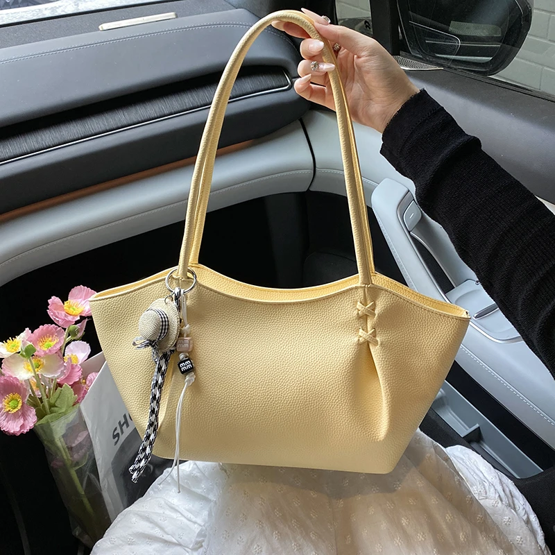 

New Fashion Trend Shopper Travel Handbag PU Leather Women Tote Bag Solid Color Underarm Bag Female Summer Shoulder Bag