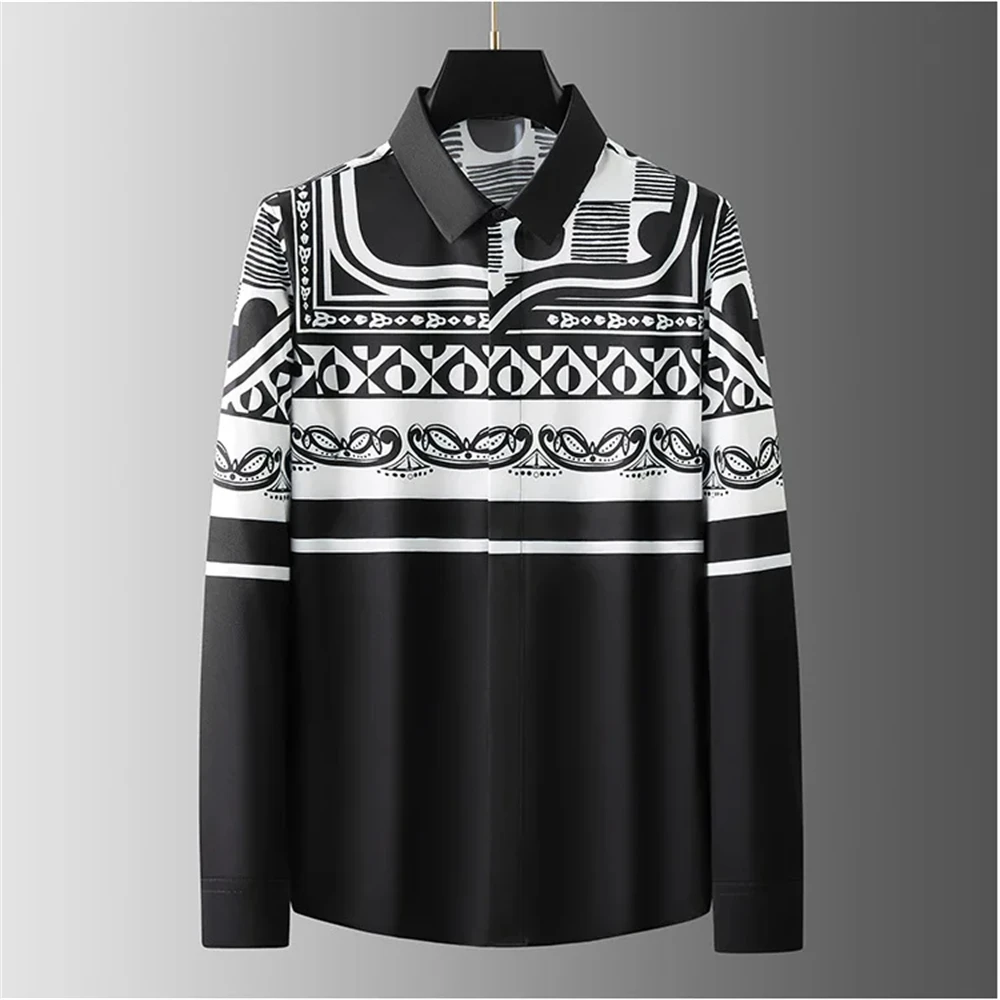 قميص مطبوع فاخر للرجال بأكمام طويلة قميص كاجوال نحيف عالي الجودة موضة الشارع مقاس كبير جدًا ملابس رجالية بدون حديد