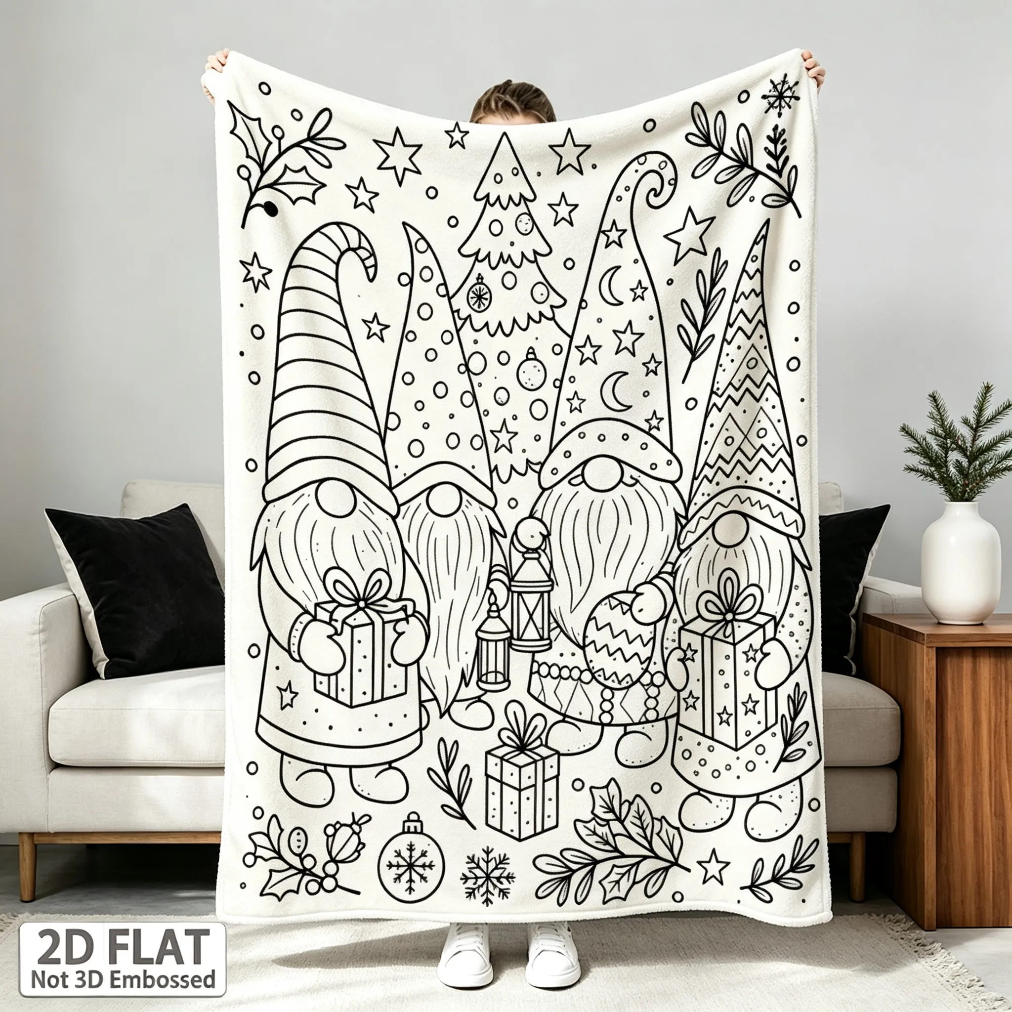 1pc Vintage Christmas Coloring Throw Blanket, Black‑White Line Art Forest Gnome Tree Star Decor Blanket