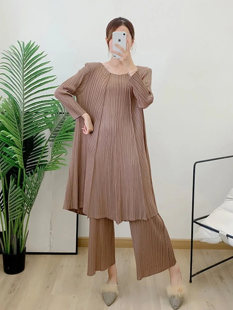 

Women Elegant Clothing 2025 Summer New Fashion Casual Pleated Set Women Irregular Loose Long Shirt Top Wide Leg Pants 2 Piece