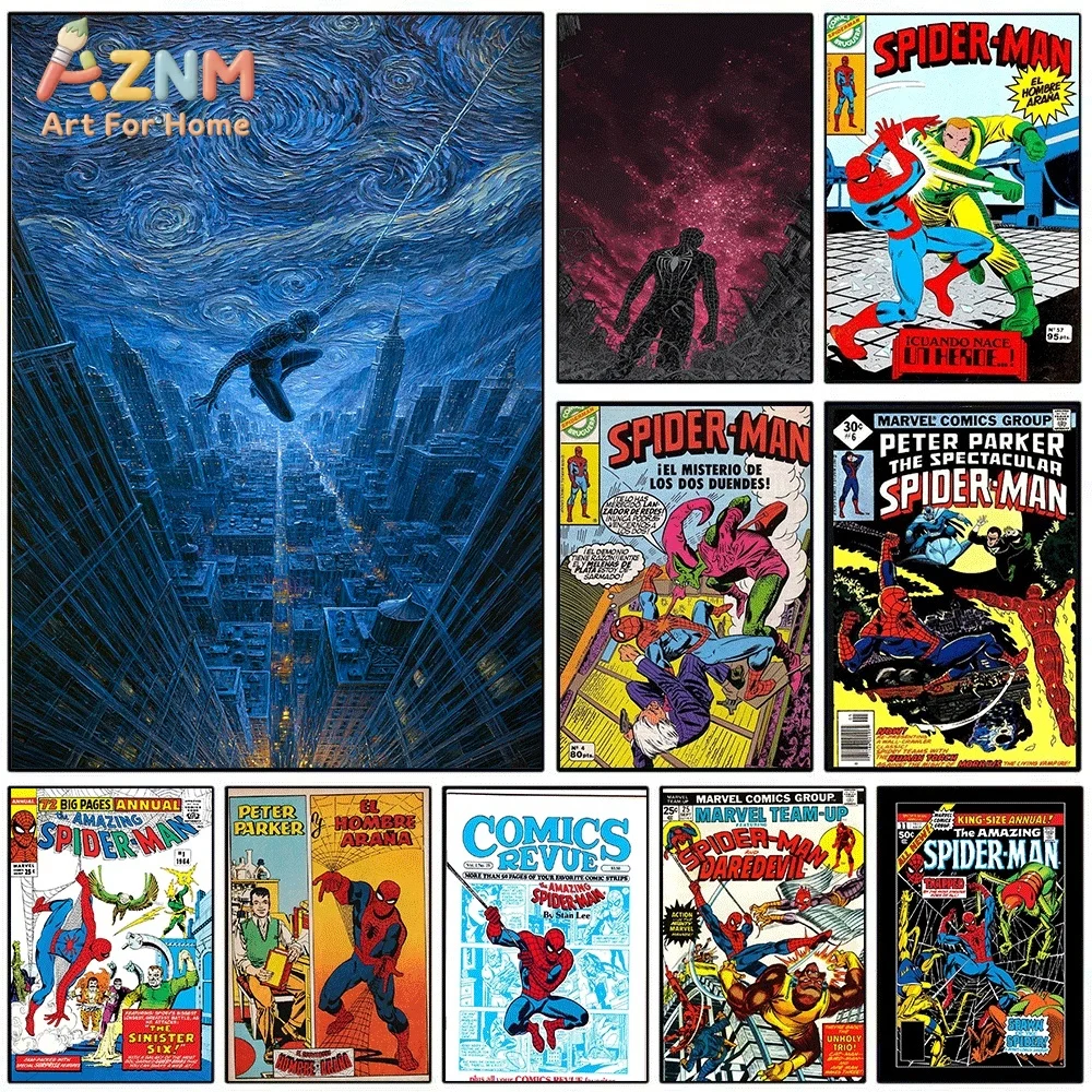 Póster de arte mural en lienzo estilo cómic de Spider-Man y Noche Estrellada de Van Gogh, sin marco, para decoración del hogar, sala de estar y dormitorio.
