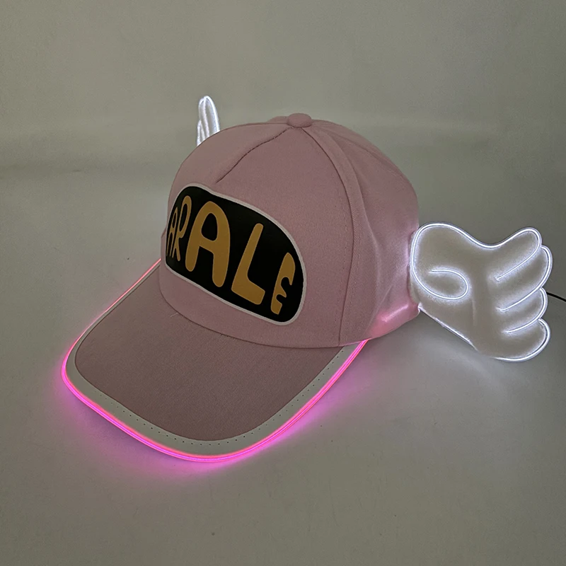 Cute Anime Dr.Slump LED Neon Hat Glowing Light Arale Baseball Cap With Angel Wings Pink Luminous Party Hat For Girl Women