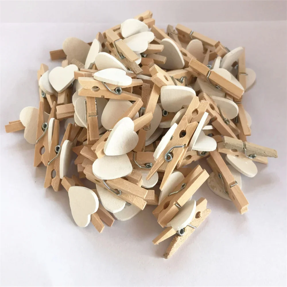 50pcs/lot Red Heart Love Wooden Clothes Photo Paper Peg Pin Mini Clothespin Postcard Clips Home Wedding Decoration Stationery