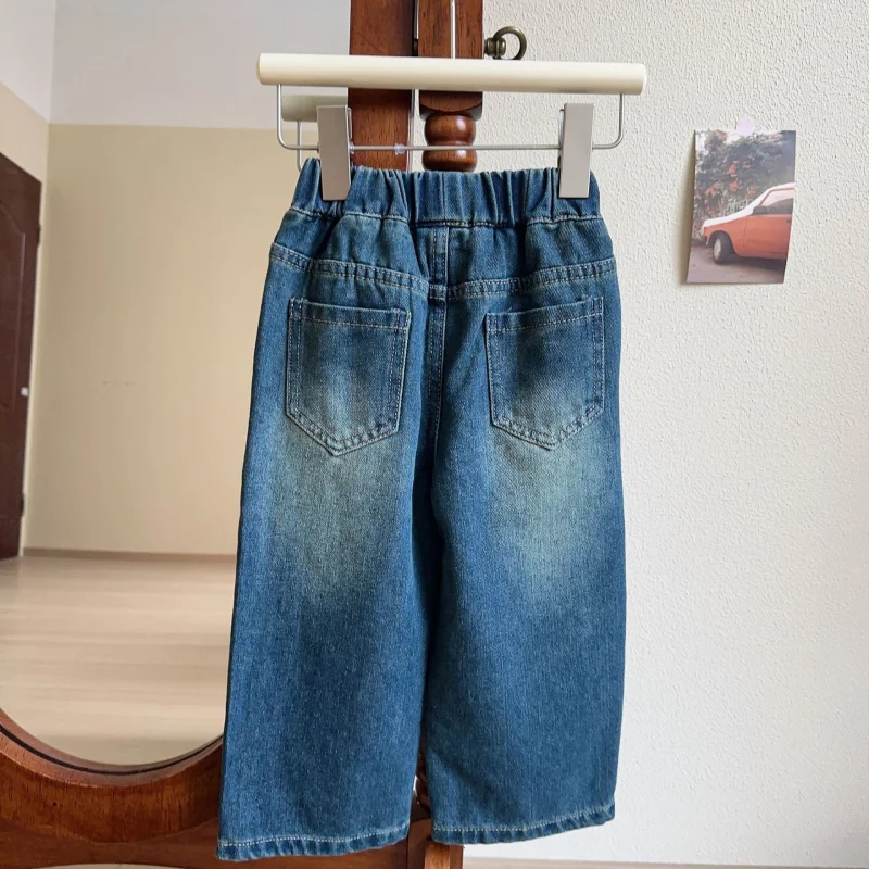 Children's Bowknot Print Jeans New Spring Autumn Girls' Fresh Retro Sweet Loose Wide-leg Pants