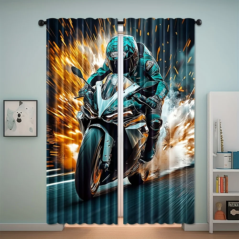 Cool Motorcycle Curtain, Speeding Biker Window Drape, Racing Sport Bike Decor for Boys Room, Dynamic Action Home Textile Fabric