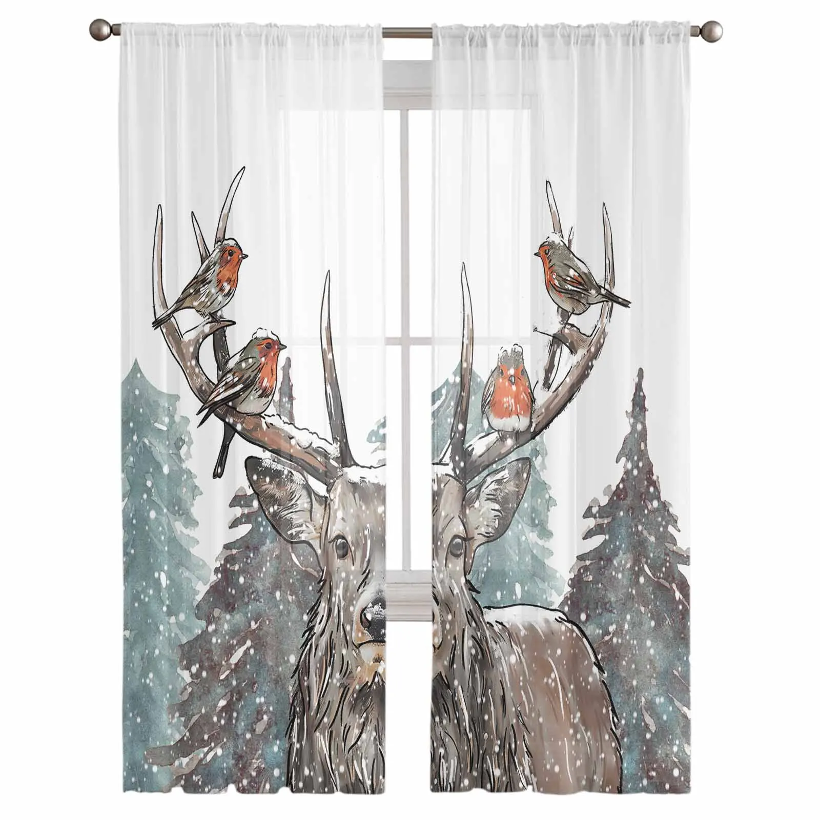 Christmas Snow Scene Hand Painted Deer Tulle Curtains for Living Room Decoration Modern Chiffon Sheer Voile Christmas Curtains