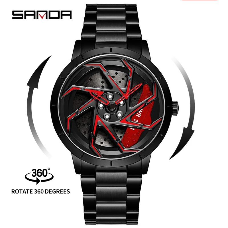 SANDA P1088 Men Fashion Wristwatch 360 Degree Rotating Wheel Car Rim Dial Watches Stainless Steel Waterproof Sport Quartz Clock