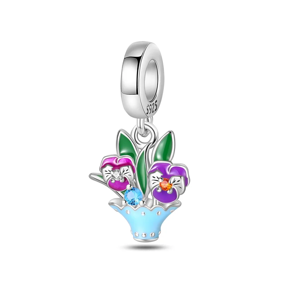 

Artistic 925 Sterling Silver Tricolor Pansy Blue Flowerpot Charm Fit Pandora Bracelet Women's Banquet DIY Jewelry Accessories