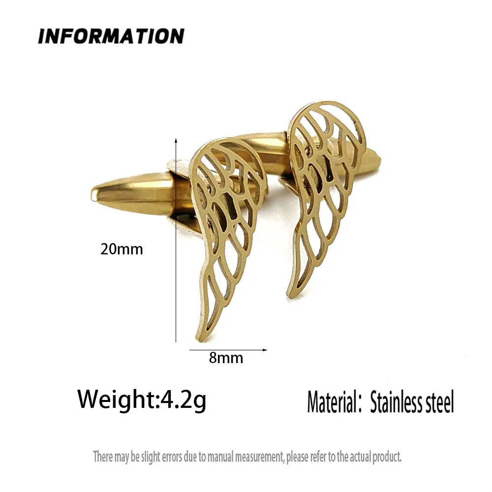 18K Gold Plated 316L Stainless Steel Angel Wing Cufflinks Hollow Feather Shirt Cuff Buttons Mens Wedding Party Suit Jewelry