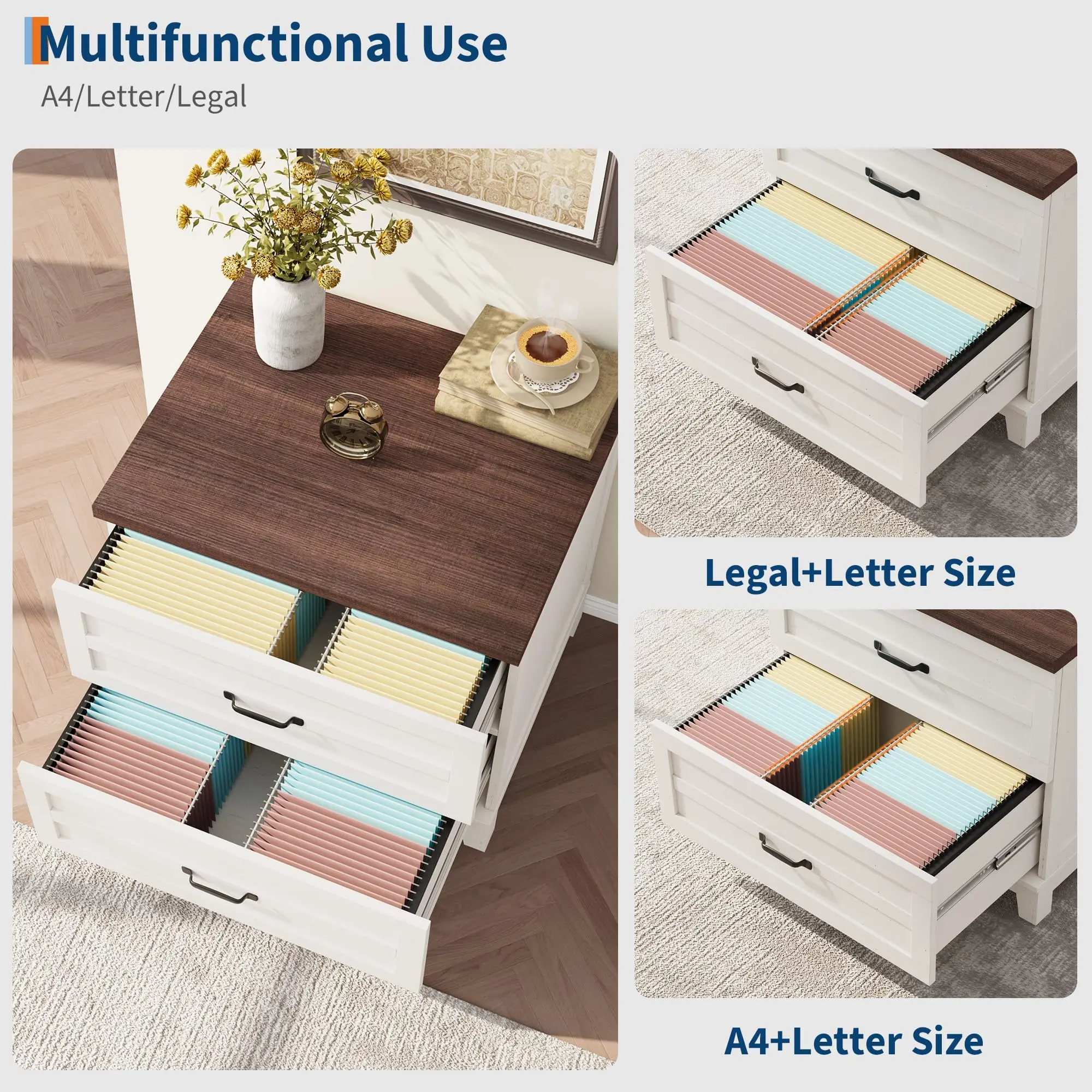 Farmhouse Lateral Filing Cabinet With Full Extension Drawers Deep Storage For Legal Letter A4 Files Sturdy Home Office Organizer Rustic Brown And White