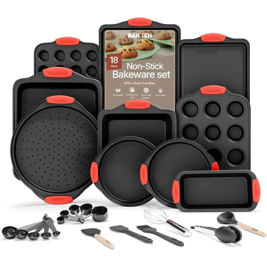 

Kitchen Baking Pan Set Nonstick Coating Carbon Steel Bakeware Sets with Red Silicone Handles Baking Kitchen Essentials PFOA PFO