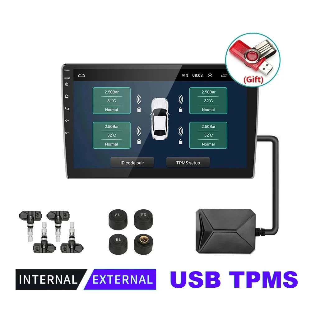 

USB TPMS Система контроля давления в шинах Android TPMS Внутренний внешний датчик запасной шины для автомобильного радио DVD-плеер