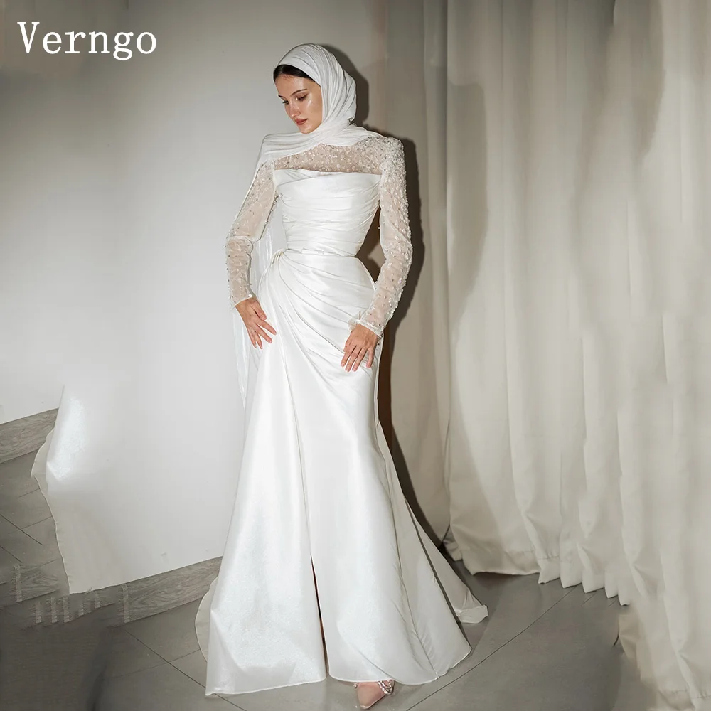 

Verngo Simple A Line Wedding Dress High Neck Full Sleeves Bridal Gowns Maxi Women Elegant Pleat Beach Bride Dresses Customized