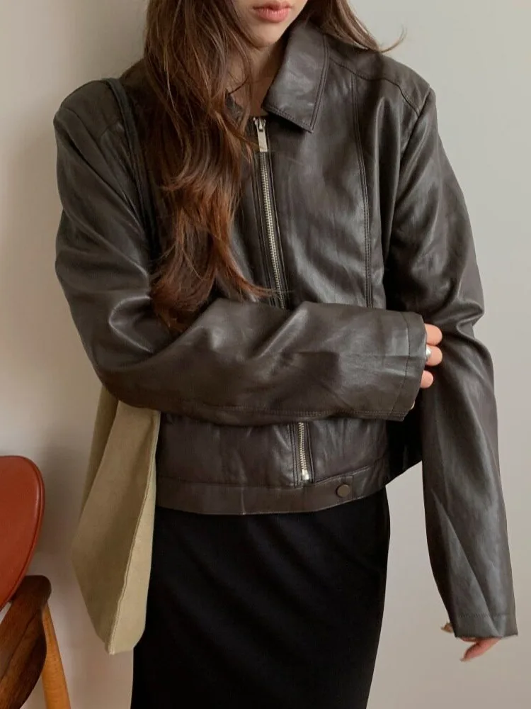 Retro Hong Kong Style Short PU Leather Jacket Women's Black Biker Coat Slimming Fashionable Female Outerwear Polyester Fiber
