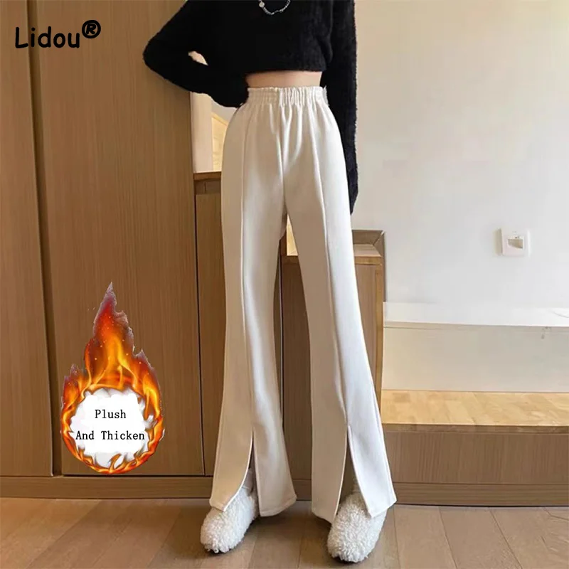 Trend Korean Autumn Winter Thin/Plush and Thicken Black Apricot Floor Mopping Trousers Fashion Elastic Split Fork Wide Leg Pants