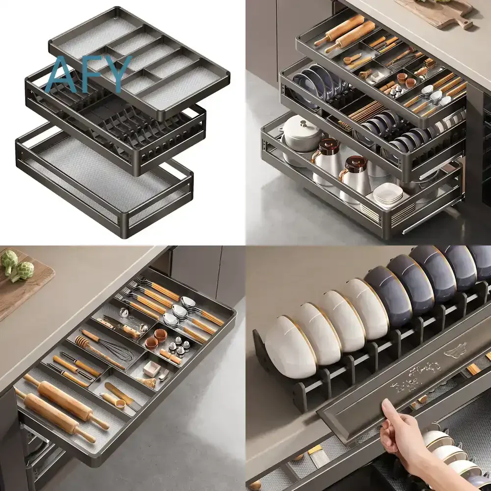 Kitchen Basket for Cabinet Gun Grey Stainless Steel Drawer Dish Rack Chopsticks Storage Box Cabinet Organizer Kitchen Storage