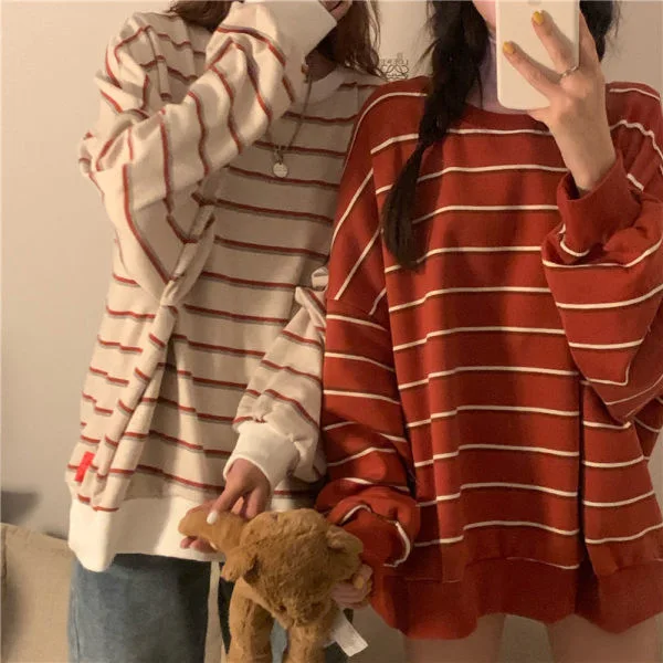 Striped Autumn Sweatshirts Korean Version Loose and Lazy Style Long Sleeve Clothes for Women Versatile Streetwear Women