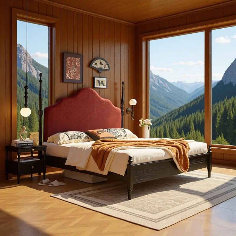 

Mid-Century Style Creative Bed Frame American Minimalist Roman Column Wooden Upholstered High-Back Bed Bedroom Furniture FYBB