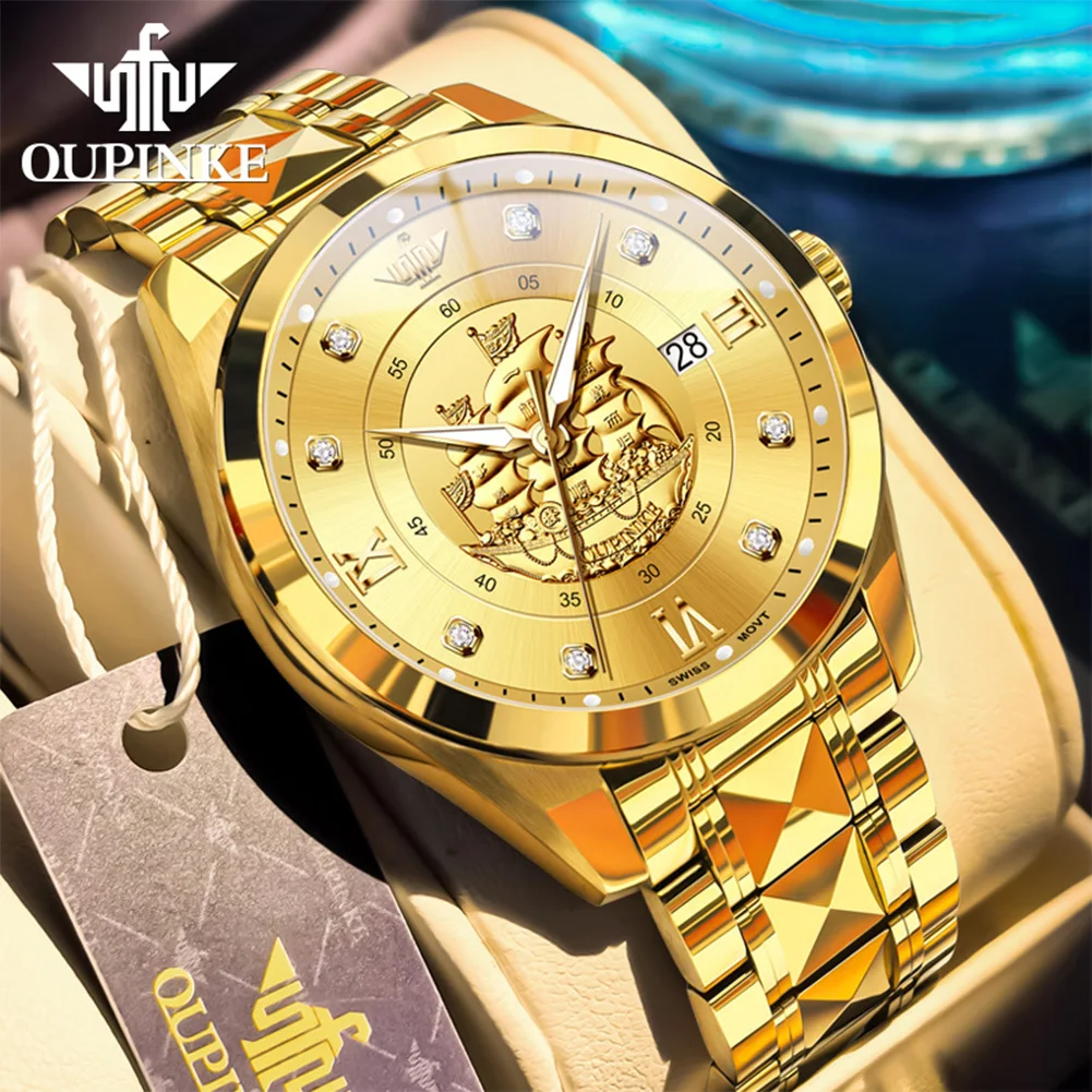 ساعات رجالية OUPINKE 3302 ذهبية فاخرة موضة أصلية ساعة ميكانيكية أوتوماتيكية للرجل التنغستن الصلب الياقوت مرآة التاريخ