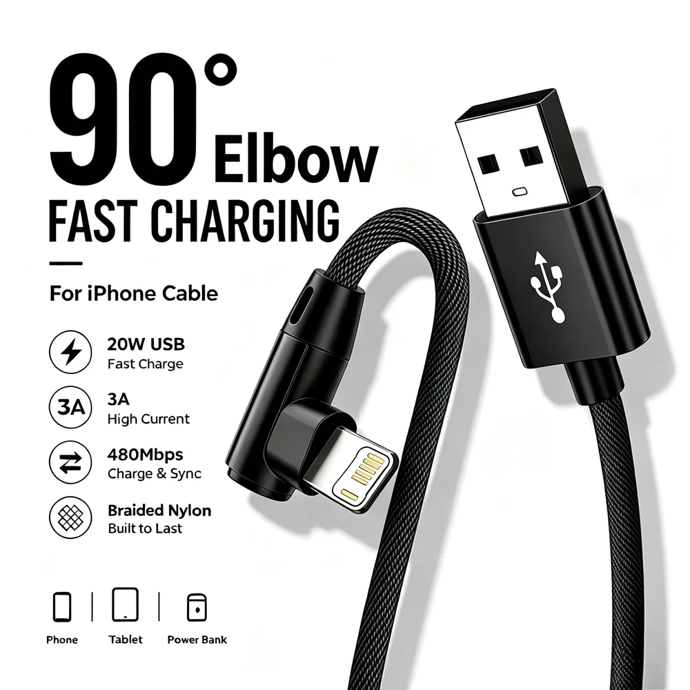 3PCS 90° Elbow 20W USB Fast Charge Cable For iPhone 11 12 13 14 Pro Max X XR XS Max 14 Plus SE Rapid Charging Braided Data Cable