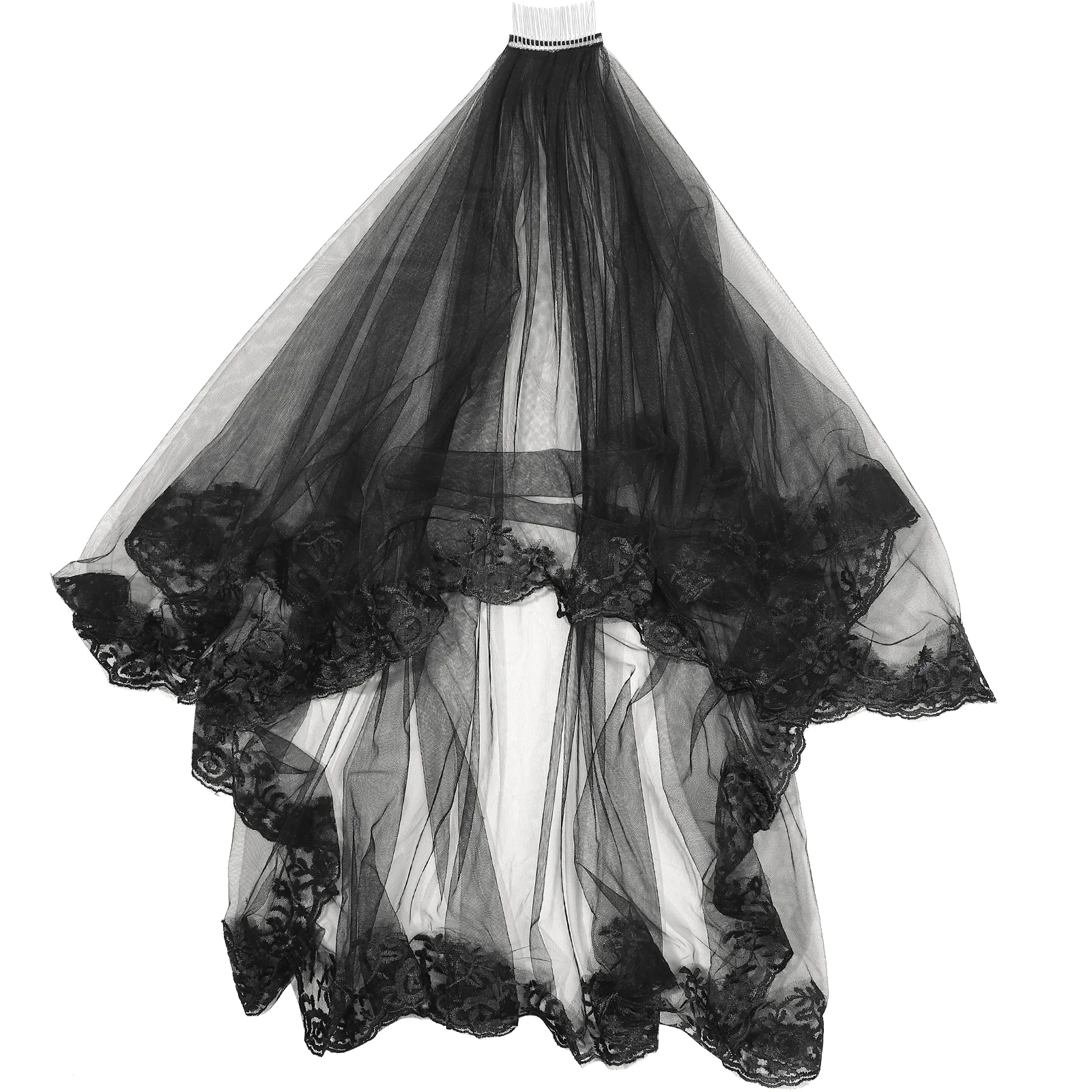 Halloween Lace Bride Wedding Veil Embroidery Lace Long Dress Accessory for Photography Costume Party Cosplay (Black)