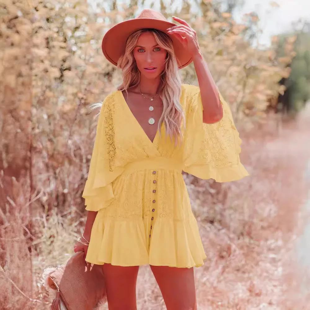 Túnica de encaje blanco para Mujer, minivestido playero amarillo de media manga, ceñido al cuerpo, Ropa elegante para Mujer, Vestidos cortos