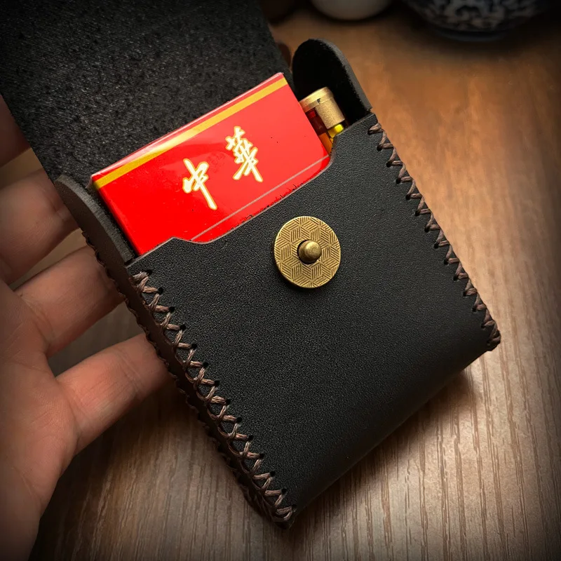 

Steel Clip Design Full Cigarette Box With Lighter Holder, Handmade Leather Coins Card Small Item Storage Bag