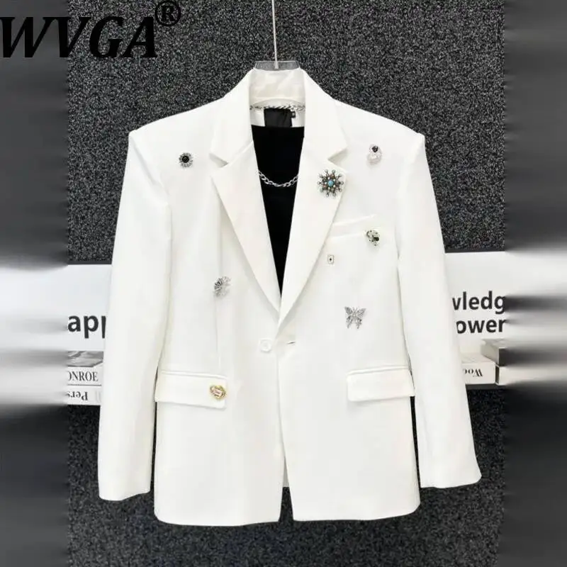 

WVGA Spring Autumn New Man Korean Style Metal Brooch Shoulder Pad Stylish Blazer Niche Chic Casual Turn-Down Collar Coats W22771