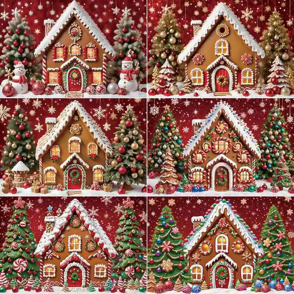 

MOON.QG Baby Christmas Party Gingerbread House Backdrop Photography Snowman Candy Cane Red Background 2025 Photoshoot Photo Zone