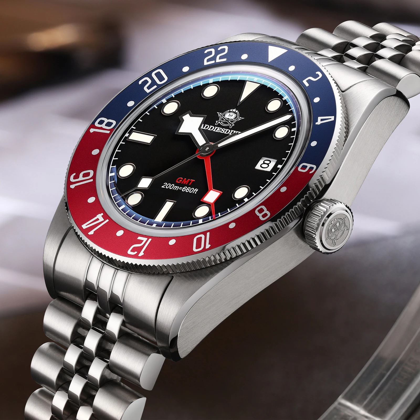 ADDIESDIVE Mens GMT Watches Luxury Stainless Steel Casual Quartz Watch Men Sport 200MM Waterproof Wristwatches Relogio Masculino
