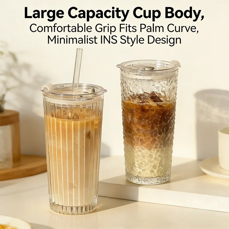 NOUVEAU Gobelet en verre grande capacité, design élégant, avec paille et couvercle, idéal pour Americano glacé, latte et jus
