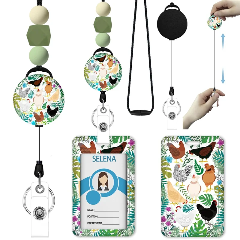 

AT82-Retractable Clip ID Badge Holder With Silicone Beaded Lanyard Reel, With ID Holder Name Tag Work Office