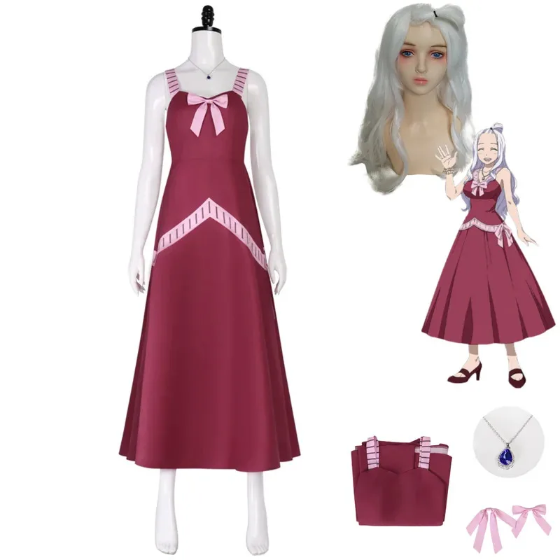 Аниме FAIRY TAIL Mirajane Strauss Косплей Костюм Красное платье на бретельках Ожерелье Парик Женский сексуальный милый карнавальный костюм на Хэллоуин, 5;d'2.y;