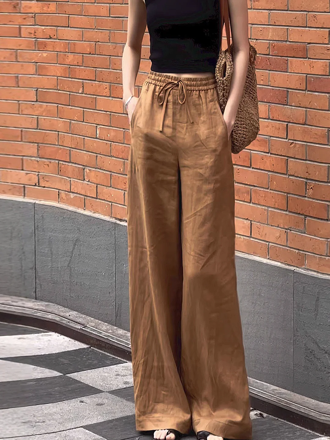 

Летние повседневные широкие брюки, тонкие свободные льняные брюки из ледяного шелка, модные солнцезащитные брюки, длинные брюки с высокой талией, корейский сле