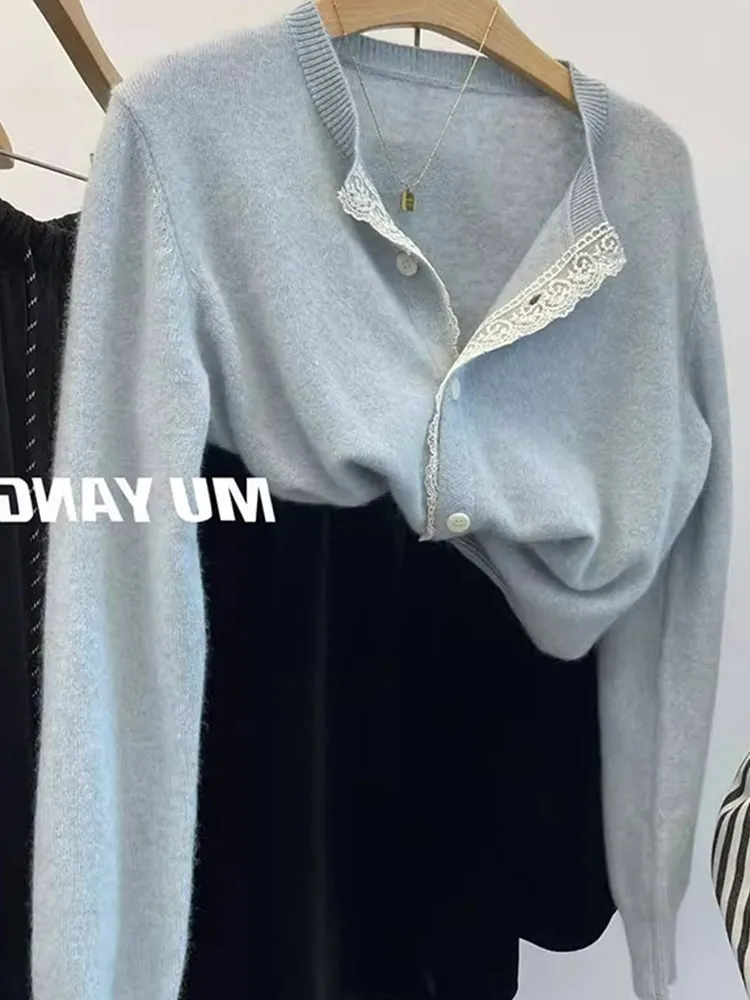 Cárdigan de punto coreano Sle Lace Splice redondo Ne Long Sve para mujer, abrigo, suéter de lana suave y cómodo para ir al trabajo