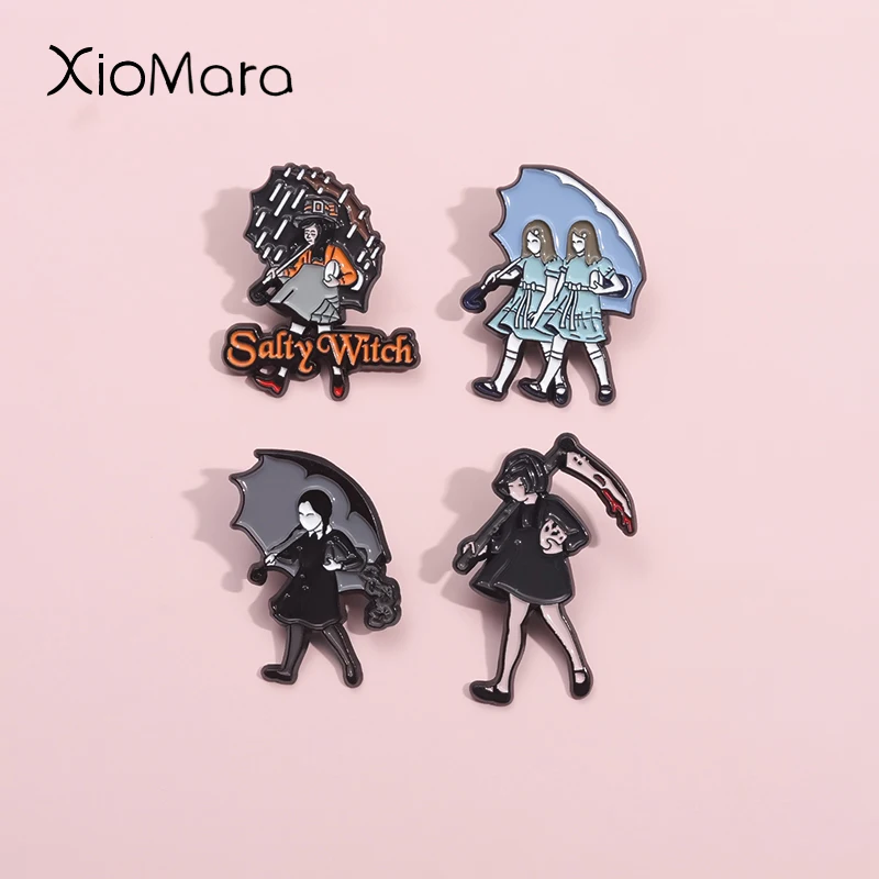 Cartoon Horrorfilm Emaille Pins salzige Hexe Regenschirm Gothic dunkle Heil filme Broschen Revers Abzeichen Punk Schmuck Geschenk für Kind