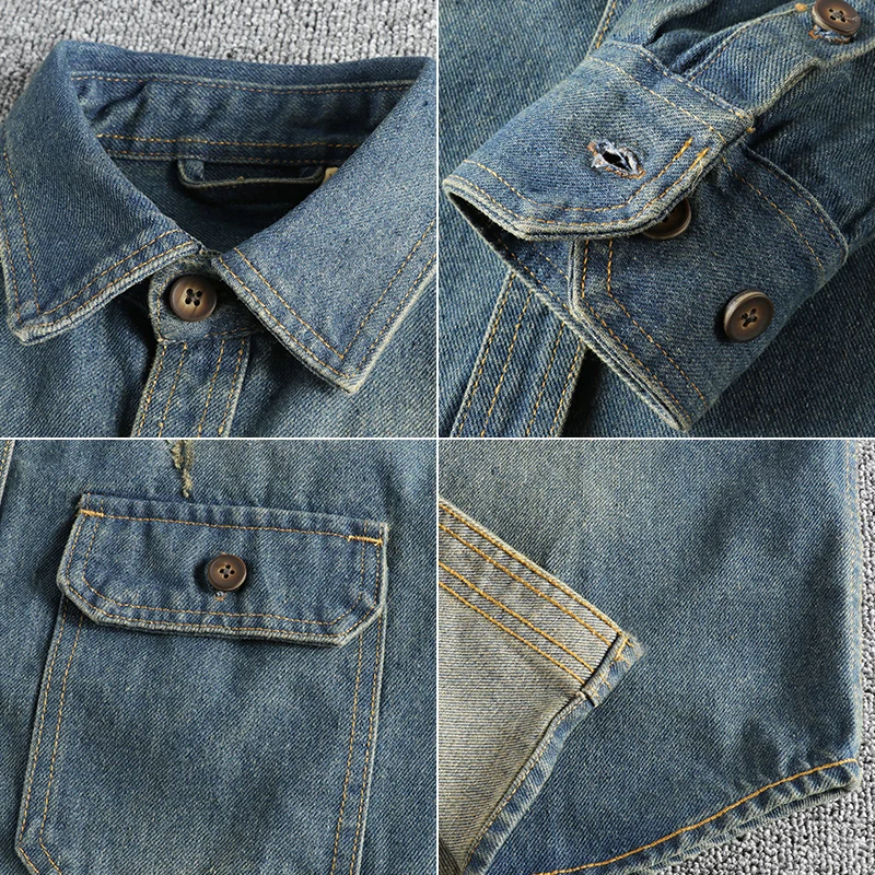 Sleeve patch splicing heavy wash to make old vintage denim shirt for men loose stiff trend youth shirt