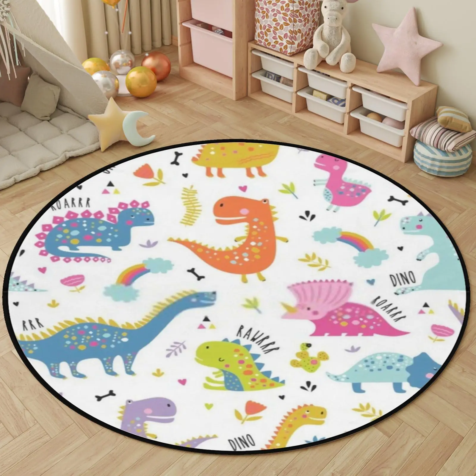 Cartoon Dinosaur Round Carpet Cute Dino Circle Rug for Living Room Playroom Office Laundry Decor Non-slip Comfort Play Yoga Mat