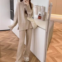 Seoulish 2025 Autumn Winter New Split Women's Sweater Sets Fashion Solid Color Knitted Sweaters Casual Pants Two-piece Sets - Image 2