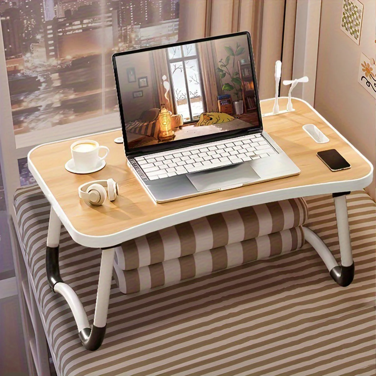 Extra Large Multifunctional Foldable Laptop Bed Desk - Multifunctional Tray Stand with Cup Holder and Drawer Stable and Durable