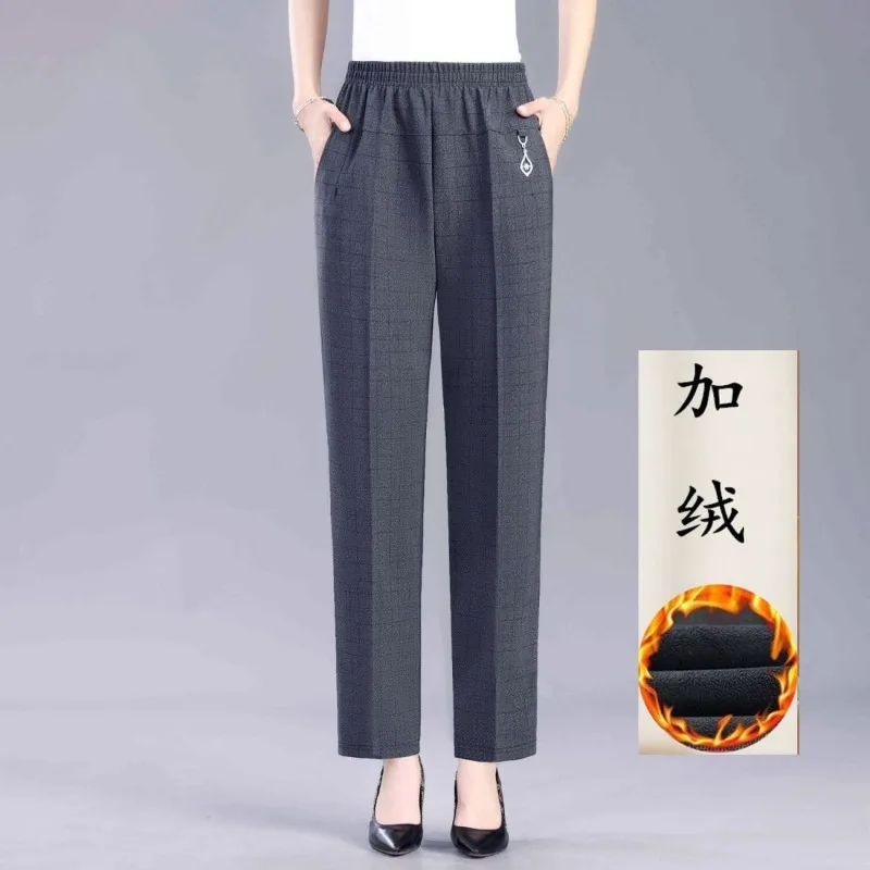 Elderly Mom Women Autumn Winter Fleece Lined Elastic Waist Plaid Straight Leg High Waist Casual Trousers