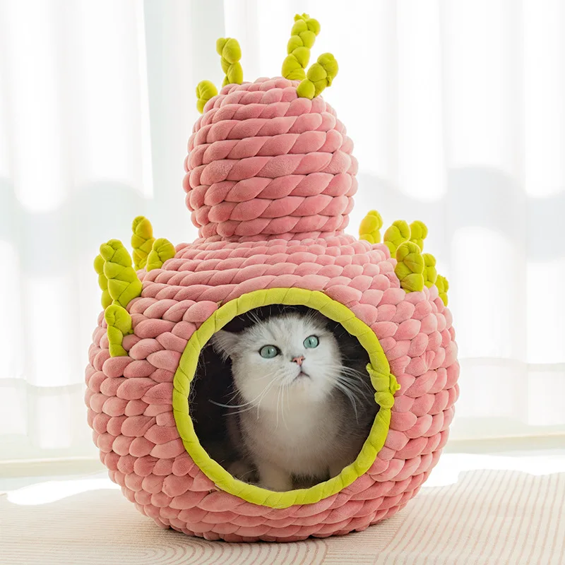 Dragon fruit knitting cat nest, dog nest, lucky cat nest, handmade knitting rope knitting, creative knitting
