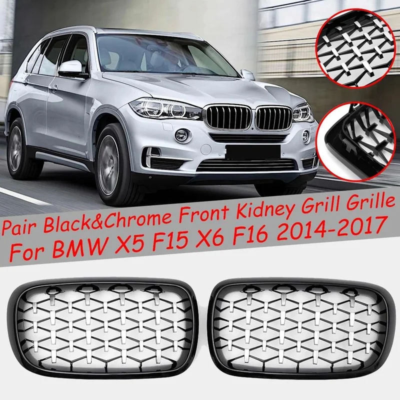 

New-2PCS Front Kidney Diamond Meteor Style Grille Grills For -BMW X5 F15 X6 F16 2014-2017 Racing Grill Black&Chrome