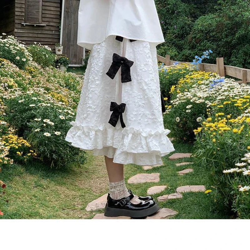 Mori Girl Style Cute Bow White Long Skirt 2024 Summer JK Lolita Kawaii Vintage Loose Aesthetics Ruffle Edge Hem Skirt for Women